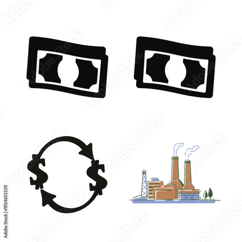 Cash and industrial with financial symbols dollars industrial building money cycle