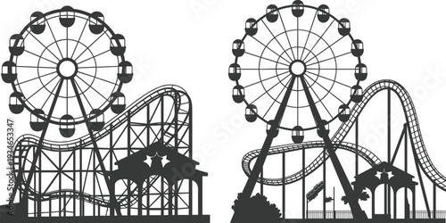 Amusement park silhouette set, ferris wheel roller coaster carnival vector illustration isolated on white