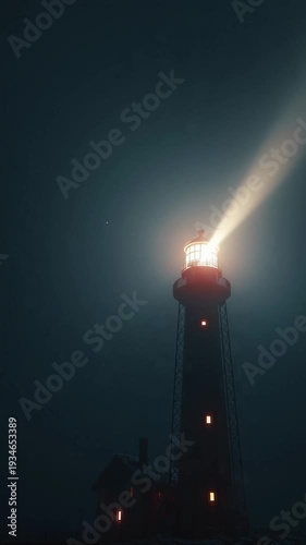 A lighthouse beam pierces the dark, stormy night sky, guiding ships