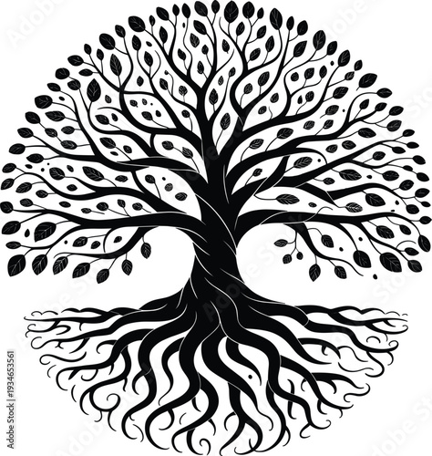Detailed black Tree of Life with extensive roots on white background branches leaves