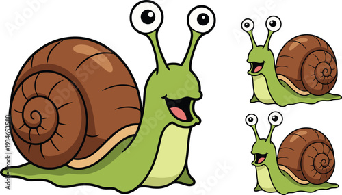 Cute cartoon snail character set, green garden mollusk with brown spiral shell vector illustration isolated