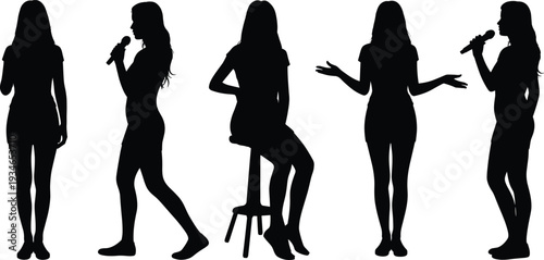 Female singer silhouettes set, woman holding microphone performing on stage vector illustration collection isolated