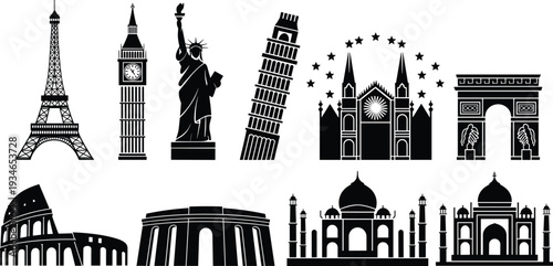 Famous world landmarks silhouettes collection, Eiffel Tower Colosseum Taj Mahal architecture vector illustration set