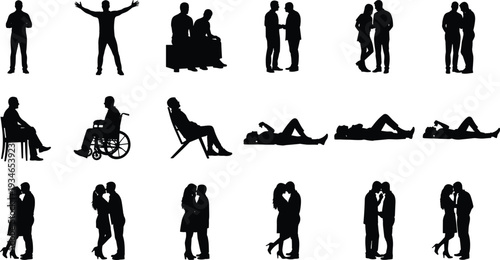 Flat vector illustration of various people silhouettes in different poses including couples kissing sitting and wheelchair user isolated on white background
