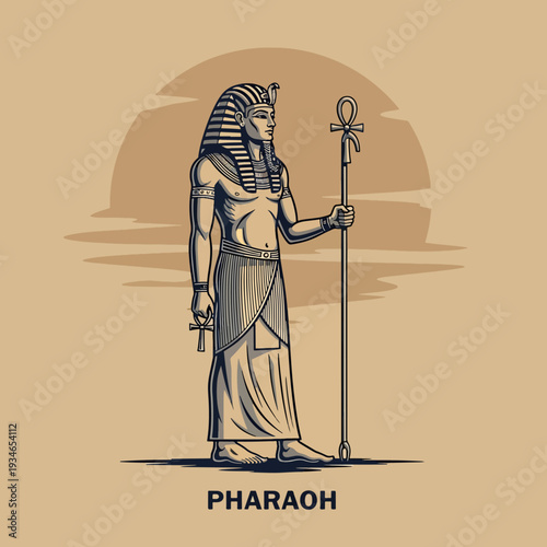 Majestic ancient Egyptian pharaoh illustration, a cultural symbol holding ankh and staff from antiquity