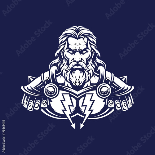 Vanguard Deity Illustration: Majestic Bearded Figure with Lightning Emblems