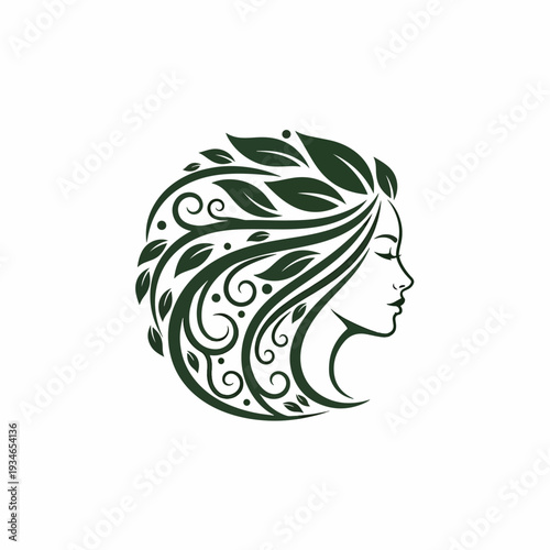 Elegant Woman Profile with Organic Leaf Hair Illustration Representing Natural Beauty and Wellness Concept