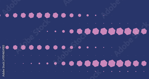 Abstract digital pattern of growing purple octagons in horizontal rows against a dark navy blue background representing data flow technology and digital transformation with a modern minimalist