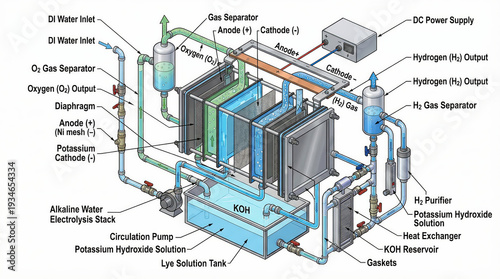 3D Isometric Technical Diagram of Alkaline Water Electrolysis Process and Fluid Logic
