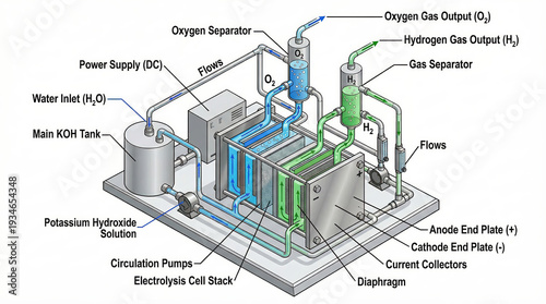 3D Isometric Technical Diagram of Alkaline Water Electrolysis Process and Fluid Logic