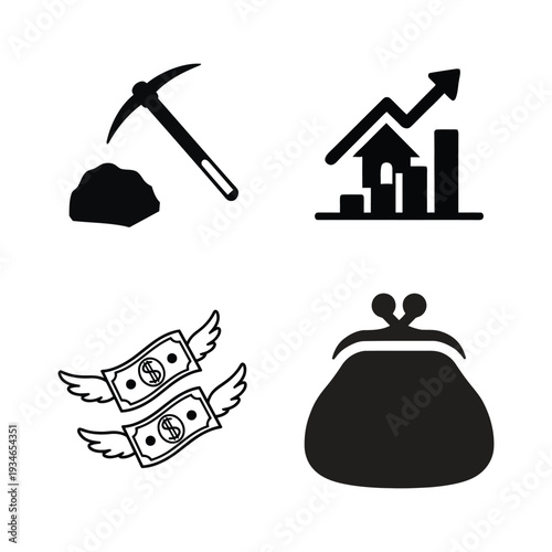 Finance including pickaxe money bag flyer graph chart