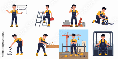 Detailed Flat Illustration of Construction Worker in Different Poses and Scenes