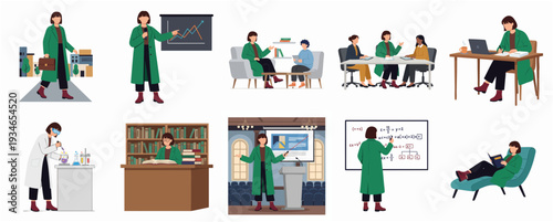 Flat Illustration of Woman in Different Career and Working Scenarios Set