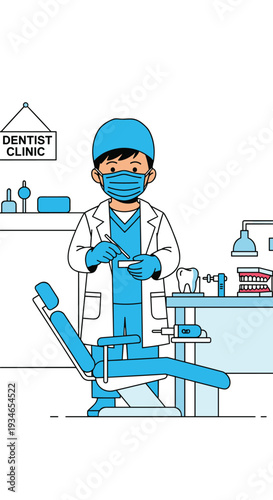 A dentist wearing a blue scrub cap, face mask, and white lab coat stands in a clinic holding dental tools near a blue dental chair and instruments.