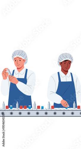 Two male workers wearing blue aprons and hairnets are actively engaged on a production line, one inspecting a vial and the other placing items.