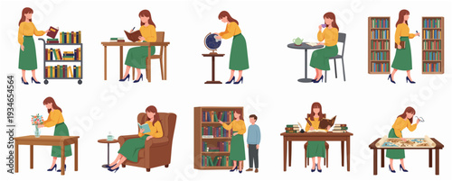 Flat Style Woman Enjoying Various Activities In Library Illustration Set