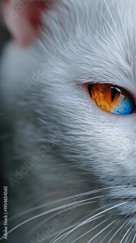 Extreme close-up of a white cat's eye with heterochromia, one blue, one amber