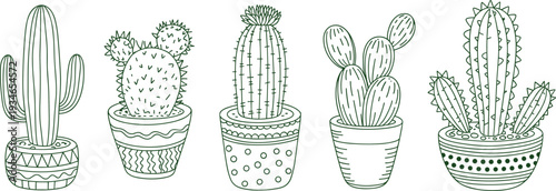 Hand Drawn Potted Cacti Collection With Decorative Pots illustration