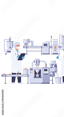 Two workers in lab coats and hairnets are meticulously overseeing an automated production line with conveyor belts and processing machinery in a clean room.