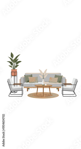 A minimalist living room is arranged with a grey sofa, two white armchairs, a round wooden coffee table, and a tall potted plant on a stand.