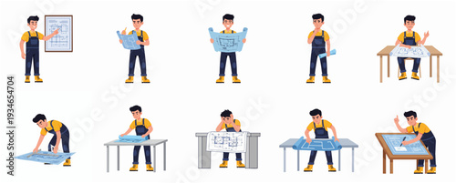 Cartoon Style Construction Architect Worker Character in Various Poses Set