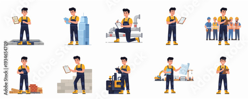 Flat Design Various Construction Worker Activity Poses and Professions Illustration