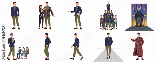 Modern Flat Illustration of Man Modeling Diverse Fashion Styles and Poses