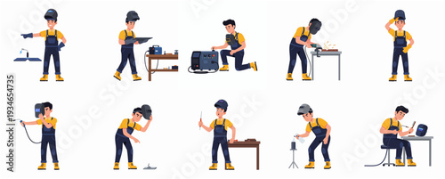 Cartoon Style Diverse Welder Man Character with Different Poses Illustration
