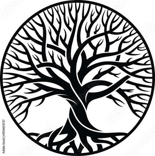 Intricate black Celtic knot tree of life symbol within a circle Keywords: tree of life, celtic knot, symbol, mythology, ancient