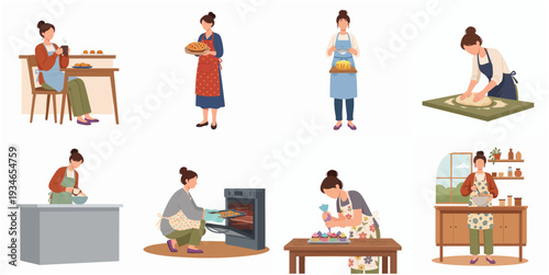 Flat Illustration Woman Baking in Kitchen, Various Cooking Activities Set