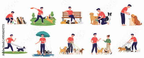 Flat Illustration Set of Dog Walker with Different Activity and Dogs