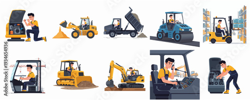 Cartoon Illustration Construction Equipment and Operator Machine Detailed Job Site Icons