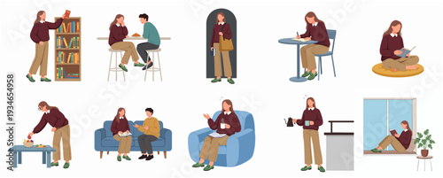Flat Illustration Lifestyle Student In Various Pose And Activity Character Set