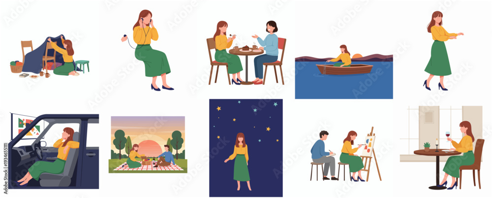 Fototapeta premium Diverse Handdrawn Lifestyle Woman in Various Situations and Activities Illustration Set