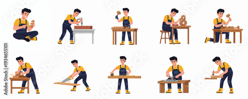 Cartoon Flat Man Character Working as a Carpenter with Various Actions