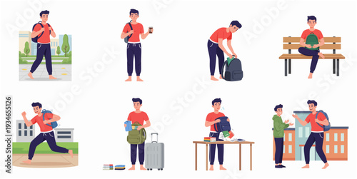 Flat Style Man with Backpack Various Action Poses Illustration