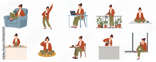 Flat Illustration of Woman Doing Various Activities at Home Lifestyle
