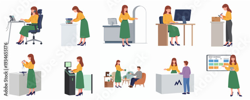 Detailed Flat Illustration of Woman Working in Various Business Scenarios
