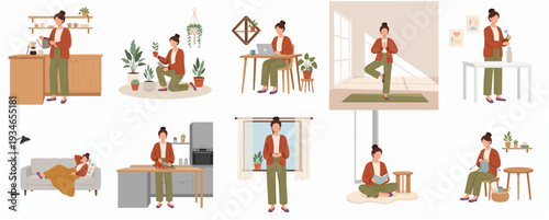 Flat Illustration Young Woman Doing Various Activities at Home Lifestyle