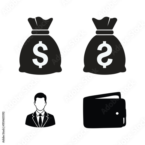 Financial symbols and on white background money bags wallet businessman finance business