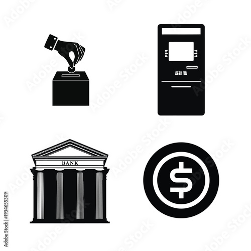 Four black and white finance related on white background bank