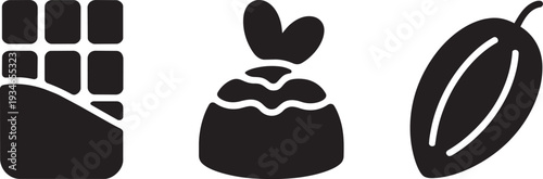 Chocolate bar, truffle candy, and cacao bean black silhouette icons