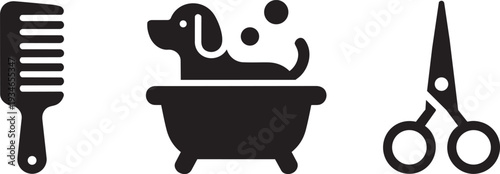 Comb, dog bathing in tub, and scissors for grooming black silhouette icons