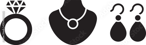 Elegant jewelry icons including diamond ring necklace on bust and teardrop earrings for luxury