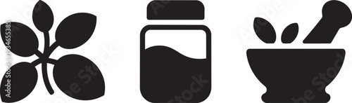 Herbal leaves, medicinal bottle, and mortar with pestle vector set design elements