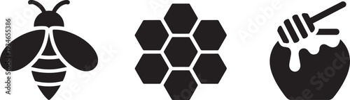 Honey bee insect, honeycomb cells, and honey pot with dipper black silhouette icons