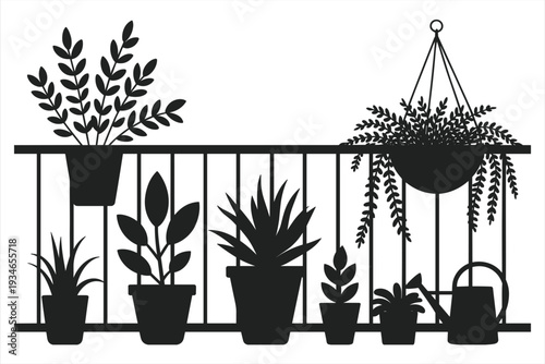 Silhouette of potted plants on a balcony railing with watering can Keywords: balcony, railing, potted plants, silhouette, plants