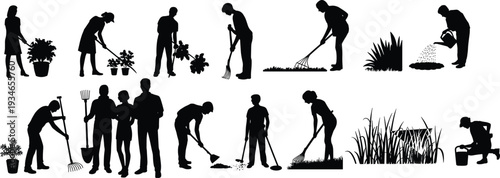 Silhouettes of People Gardening and Planting on White Background vector illustration