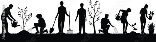 Silhouettes of people gardening and planting trees on white background Keywords: gardening, planting, trees, people, silhouettes