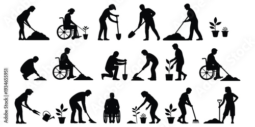 Silhouettes of People Gardening, Including Wheelchair Users and Children Keywords: gardening, silhouettes, people, wheelchair